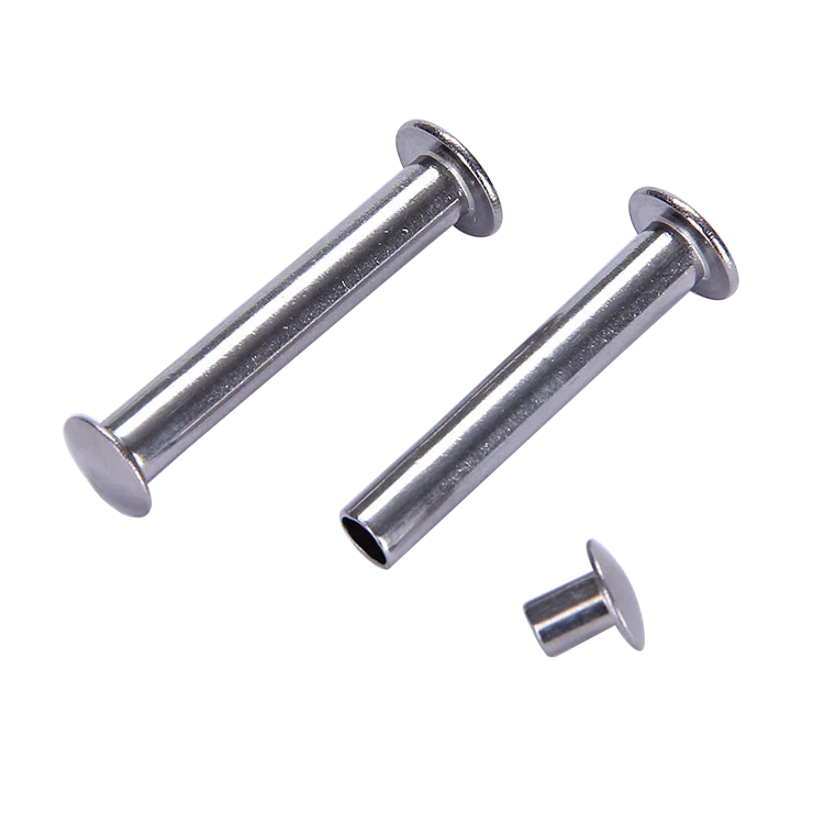 Metallic hollow tubular rivets and pins shown on a white background