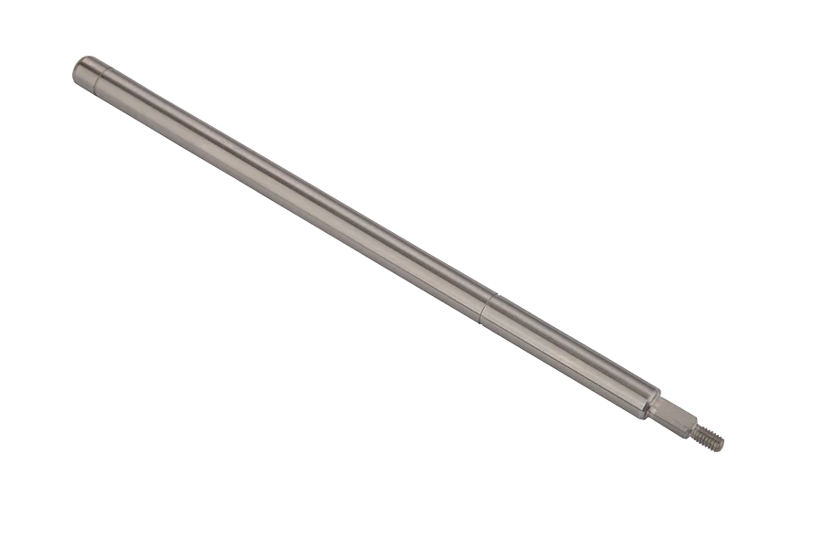 Metallic industrial shaft with threaded end on a plain background
