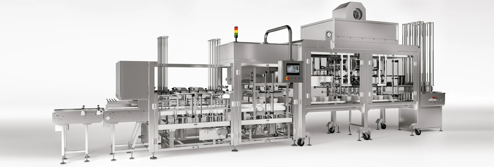Stainless steel automated industrial packaging and filling production line on white background