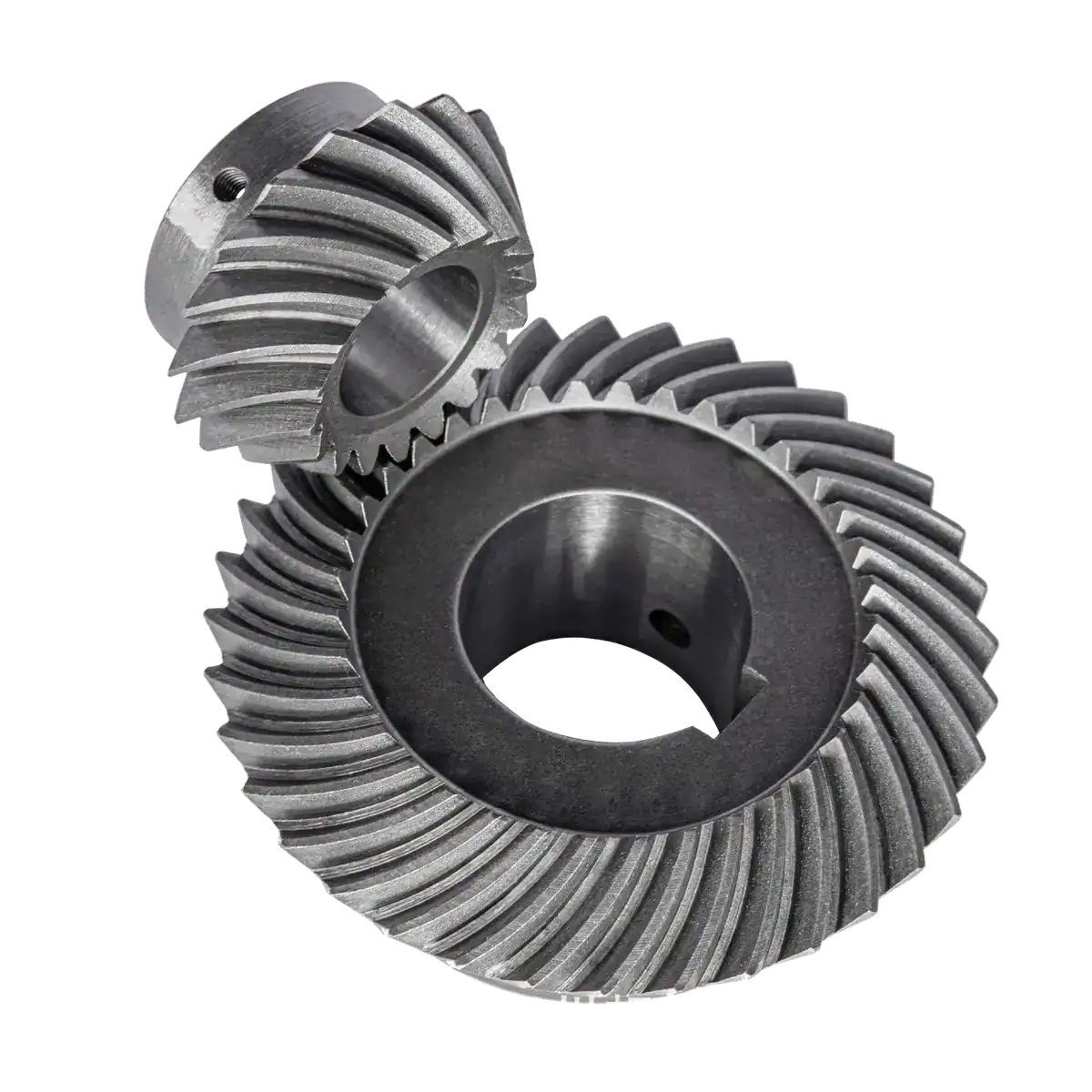 Machined spiral bevel gear showing curved gear teeth, center bore, and finished steel surface