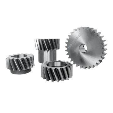 Machined steel spiral spur gear showing helical teeth and finished central bore