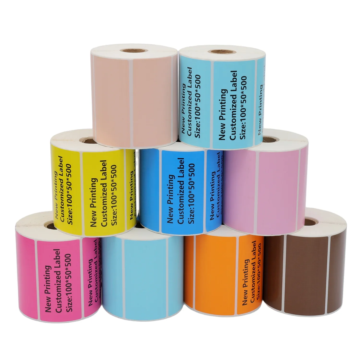 Full colour printed self adhesive labels on rolls in several sizes and colours