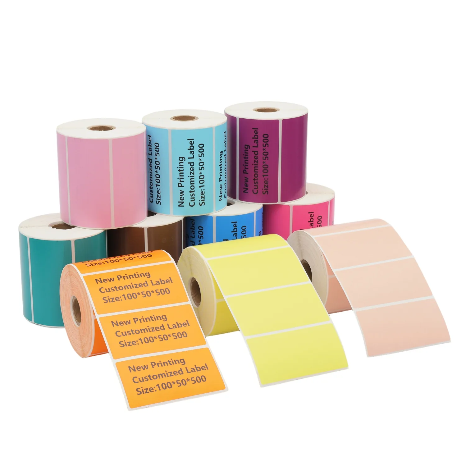Semi gloss and direct thermal self adhesive label rolls stacked on a white background