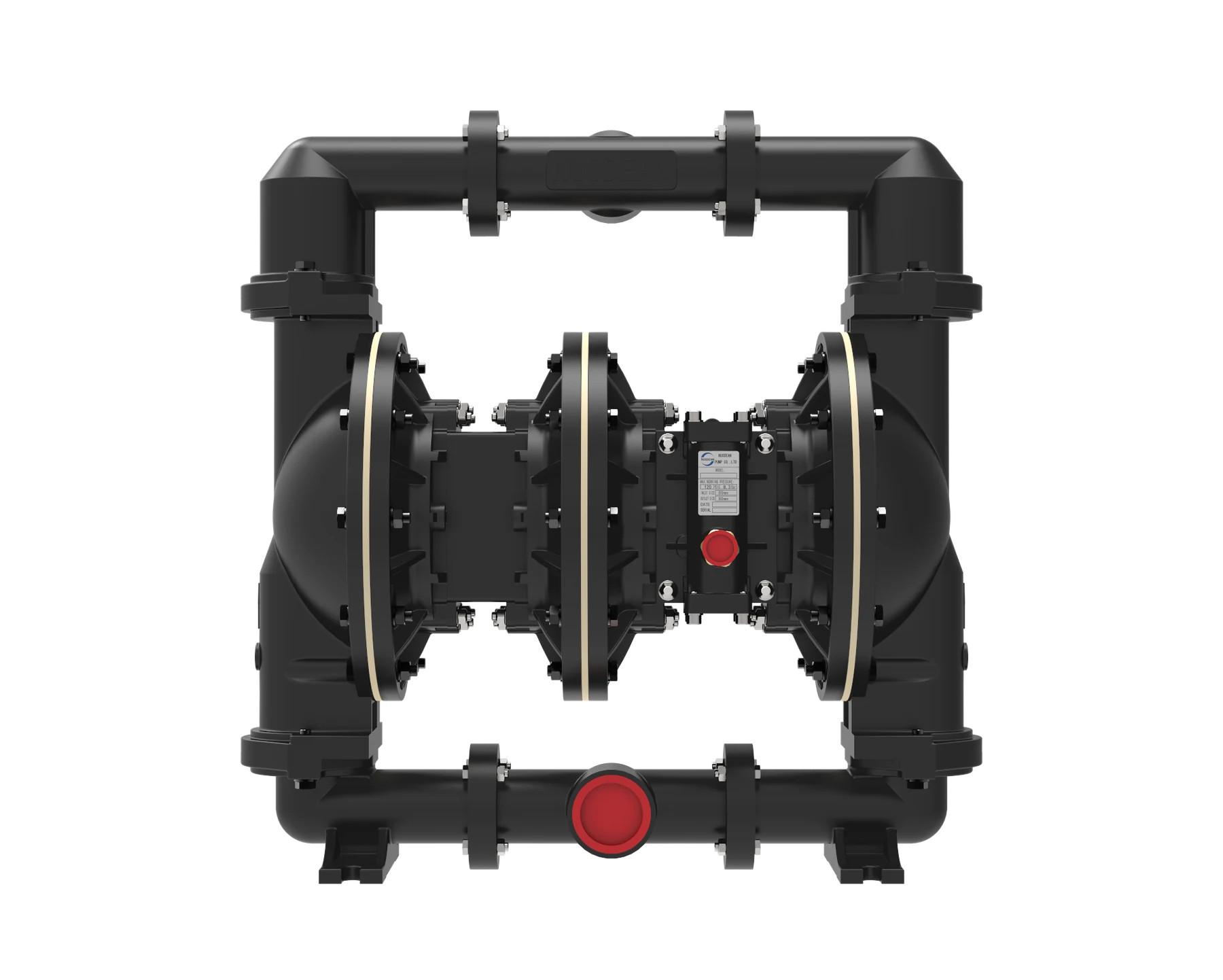 Front view of a black industrial double diaphragm pump with red center components.