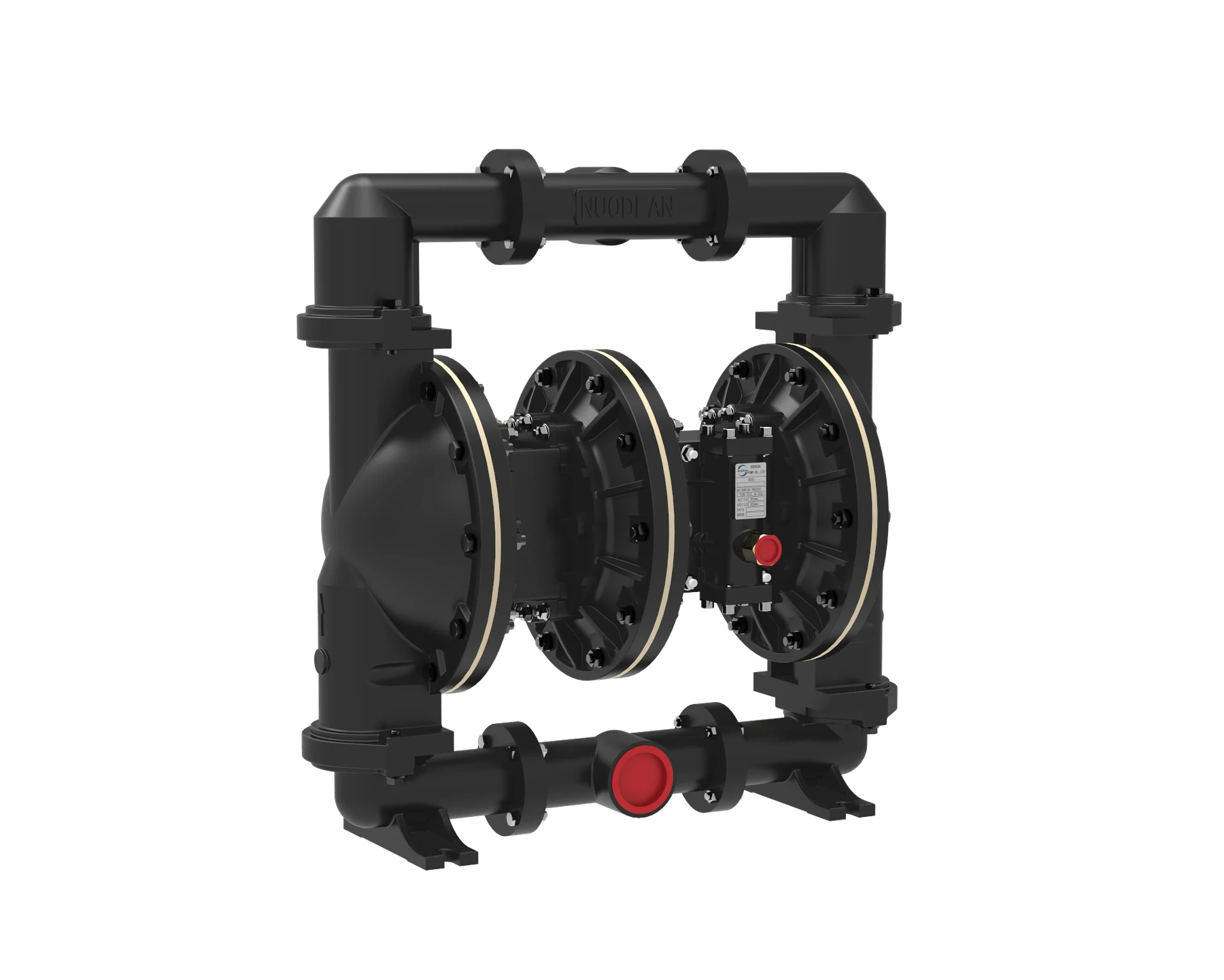Front view of a black industrial double diaphragm pump on a white background.