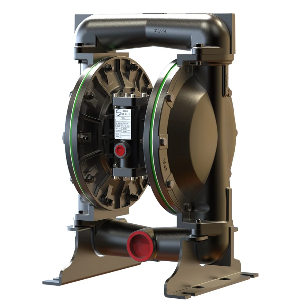 A black industrial diaphragm pump with green trim and red ports on a white background.
