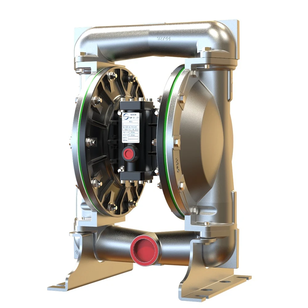 3D render of a stainless steel double diaphragm pump with a cutaway view showing internal components