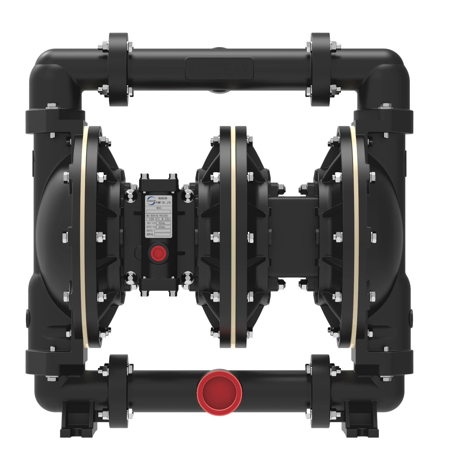 Front view of a black double diaphragm pump with red caps and bolted connections