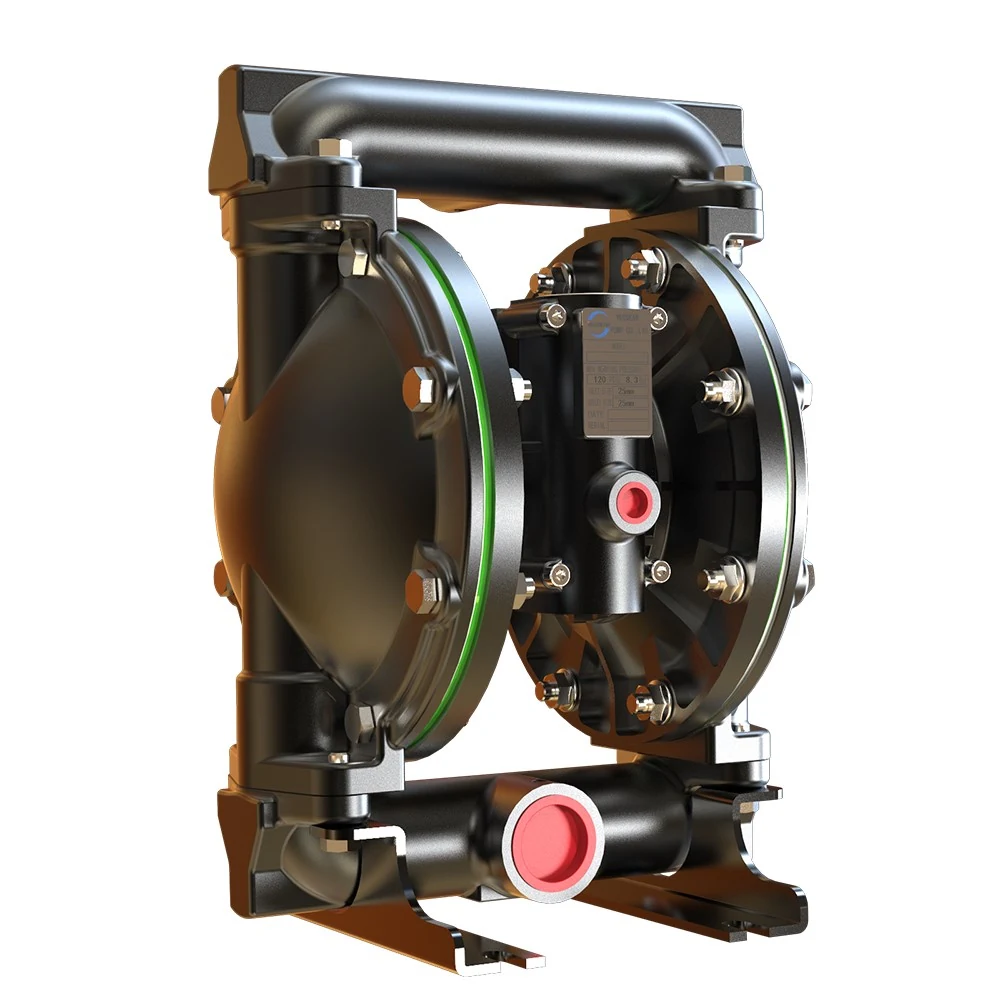 Industrial double diaphragm pump with black housing and red port caps on a white background