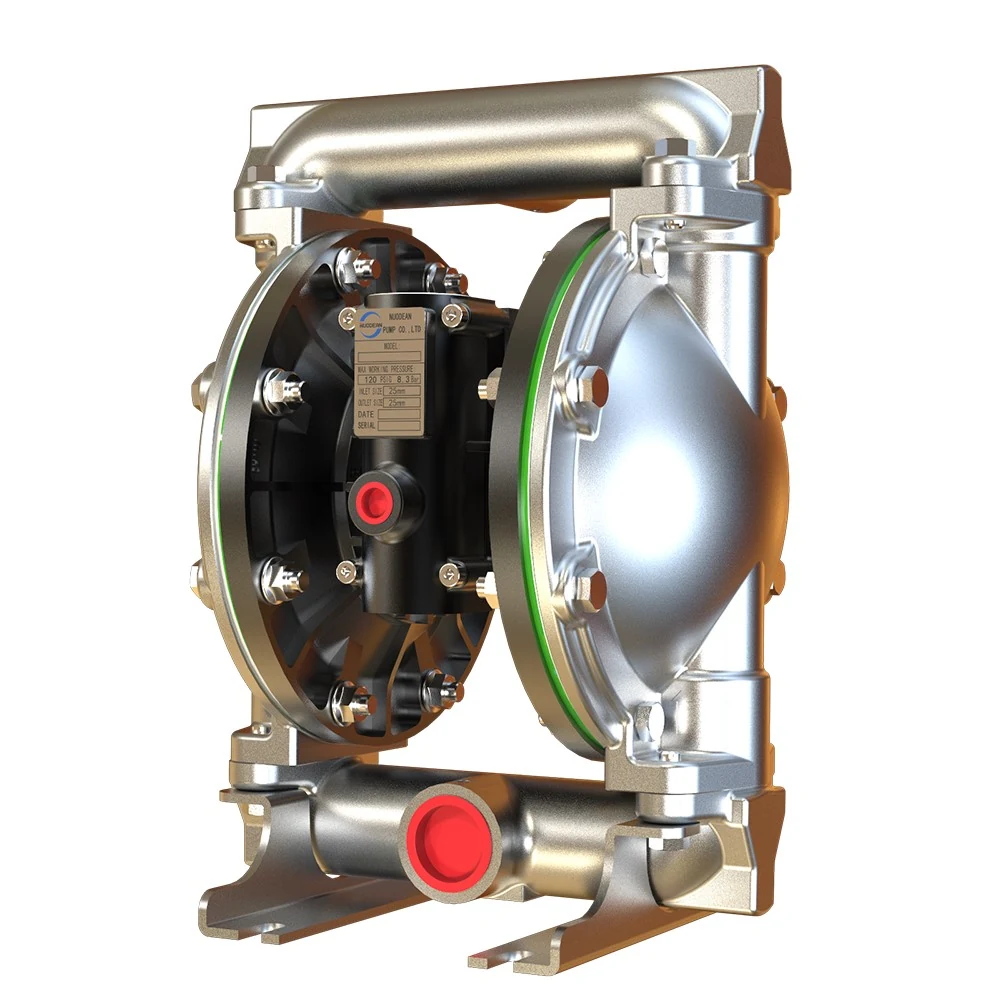 Stainless steel double diaphragm pump with black center block and red port caps on a white background