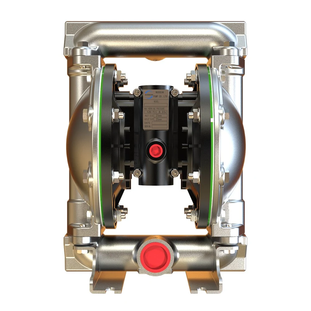 Front view of a stainless steel pneumatic double diaphragm pump with green diaphragm rings and red port caps.