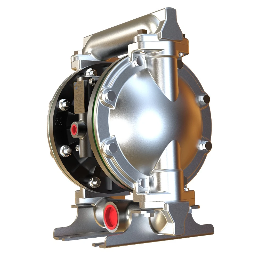 3D rendering of a stainless steel pneumatic double diaphragm pump with red port caps