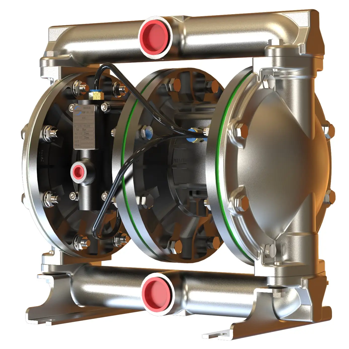 Computer-generated rendering of a stainless steel double diaphragm pump with red port covers.