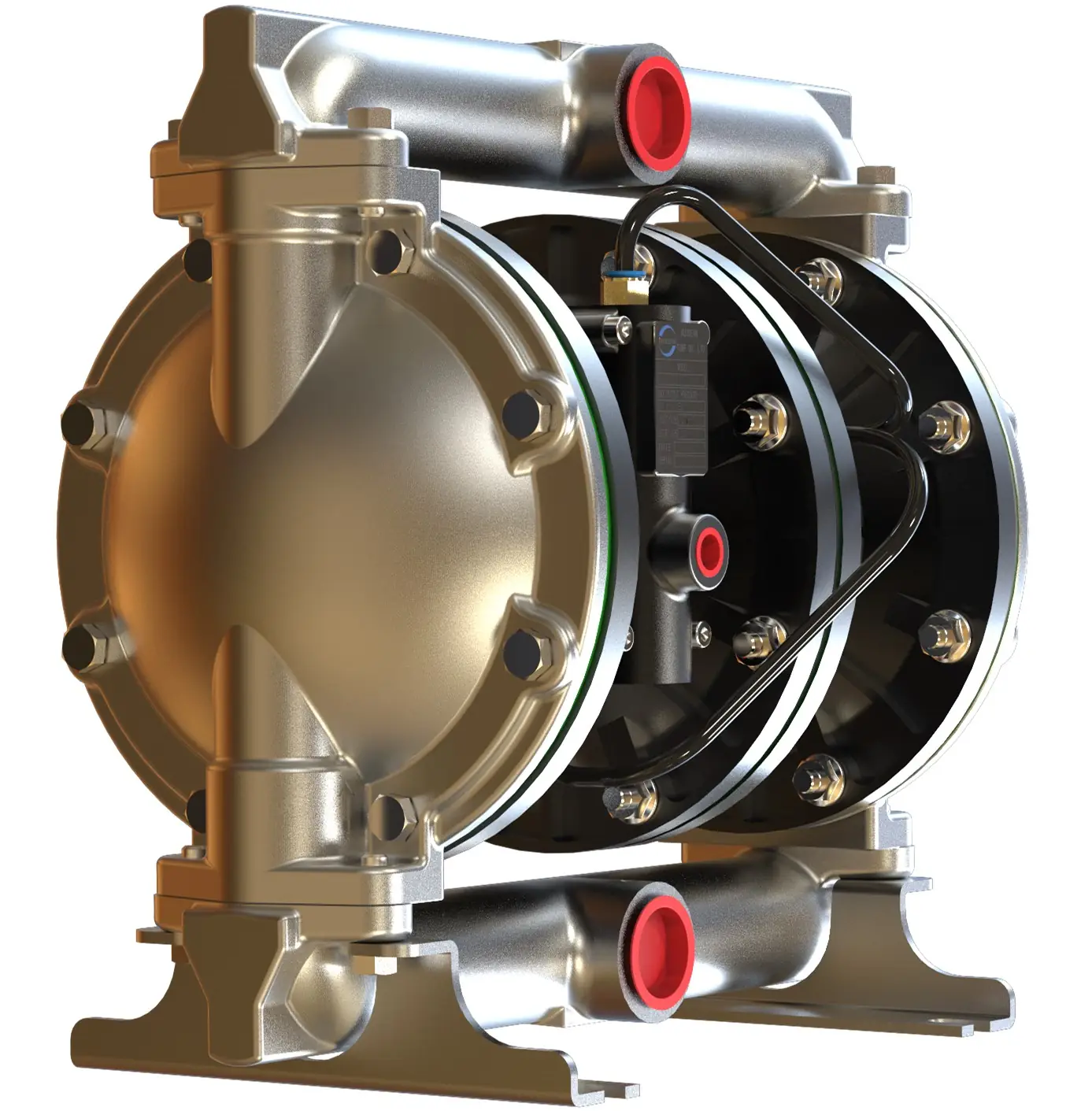 3D rendering of a stainless steel double diaphragm pump with black center block and red port caps.