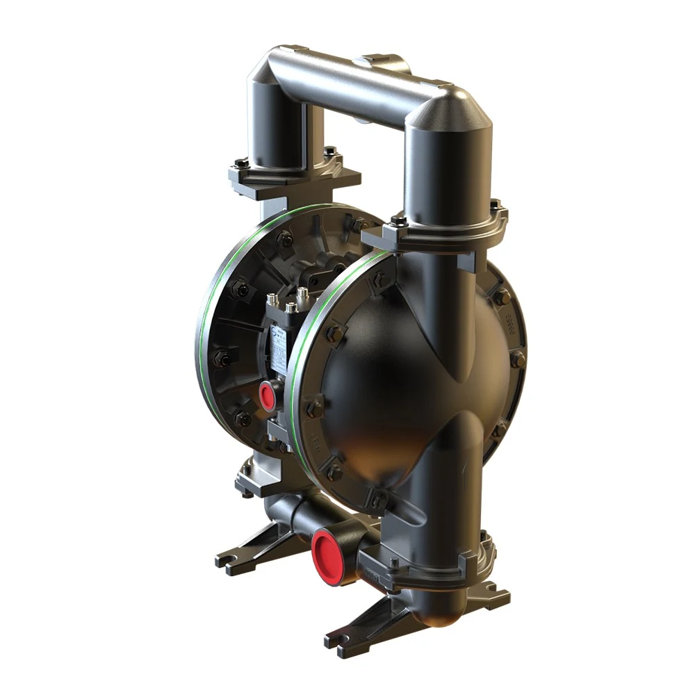 Black industrial air operated double diaphragm pump with red ports and metal piping