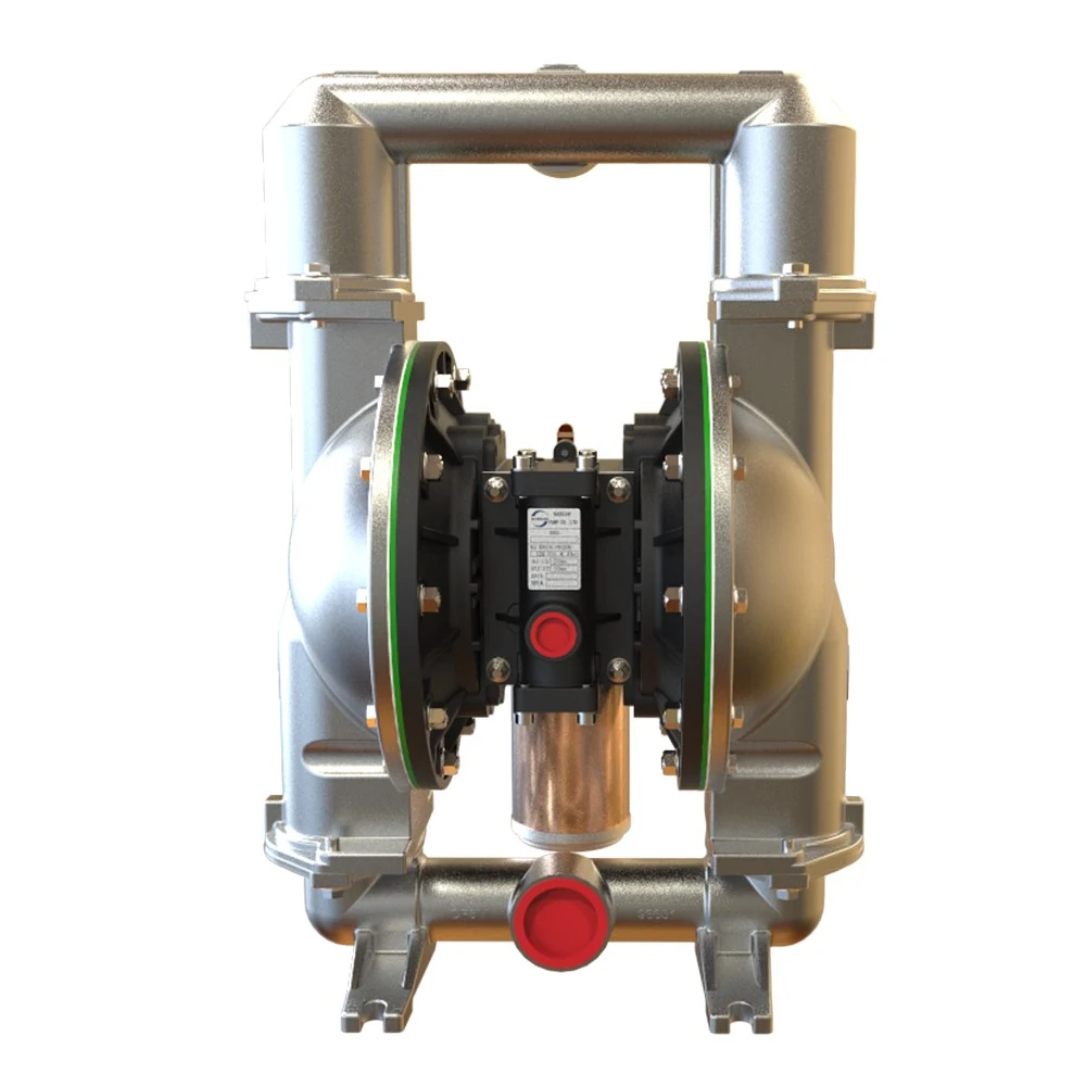 A silver metallic industrial double diaphragm pump with red caps and a central black manifold.