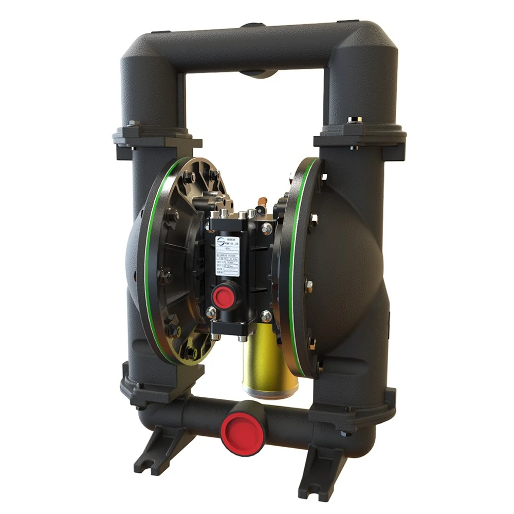 Industrial double diaphragm pump with black housing and red port caps on a white background
