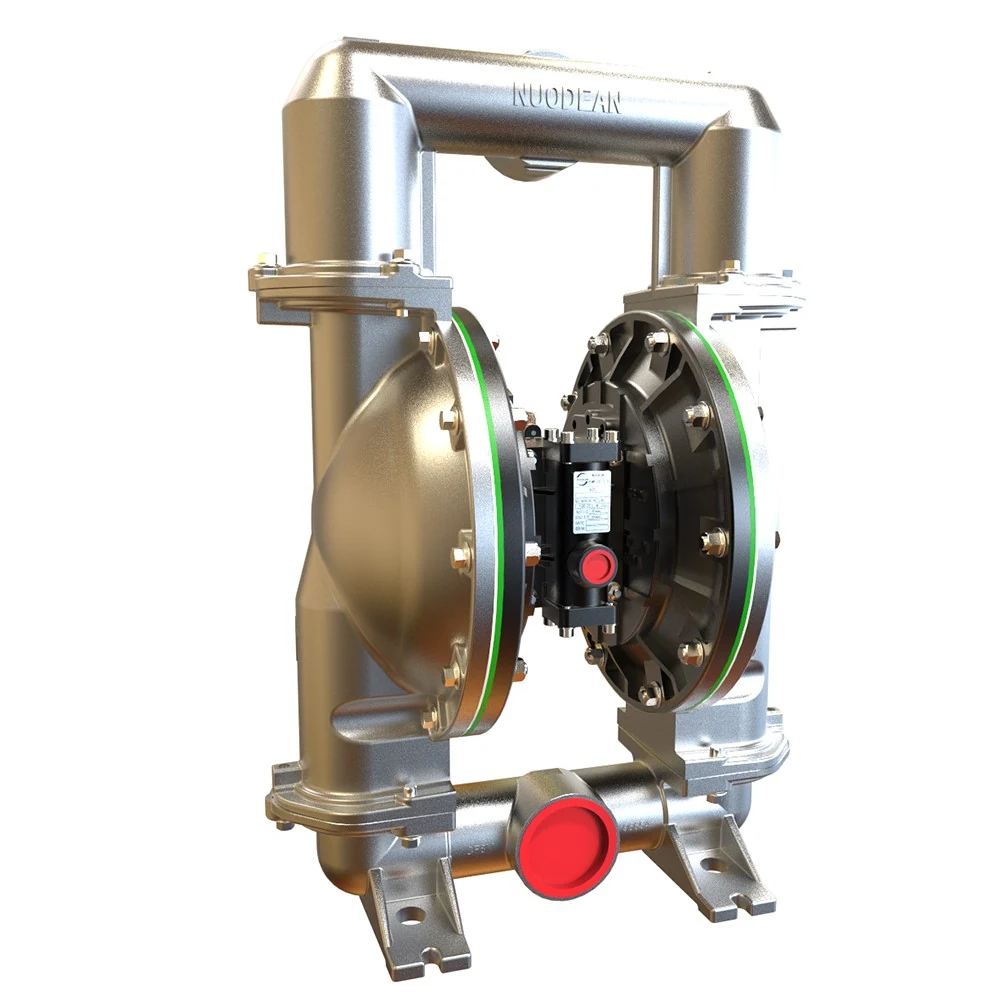 Stainless steel double diaphragm pump with green rings and red caps on a white background