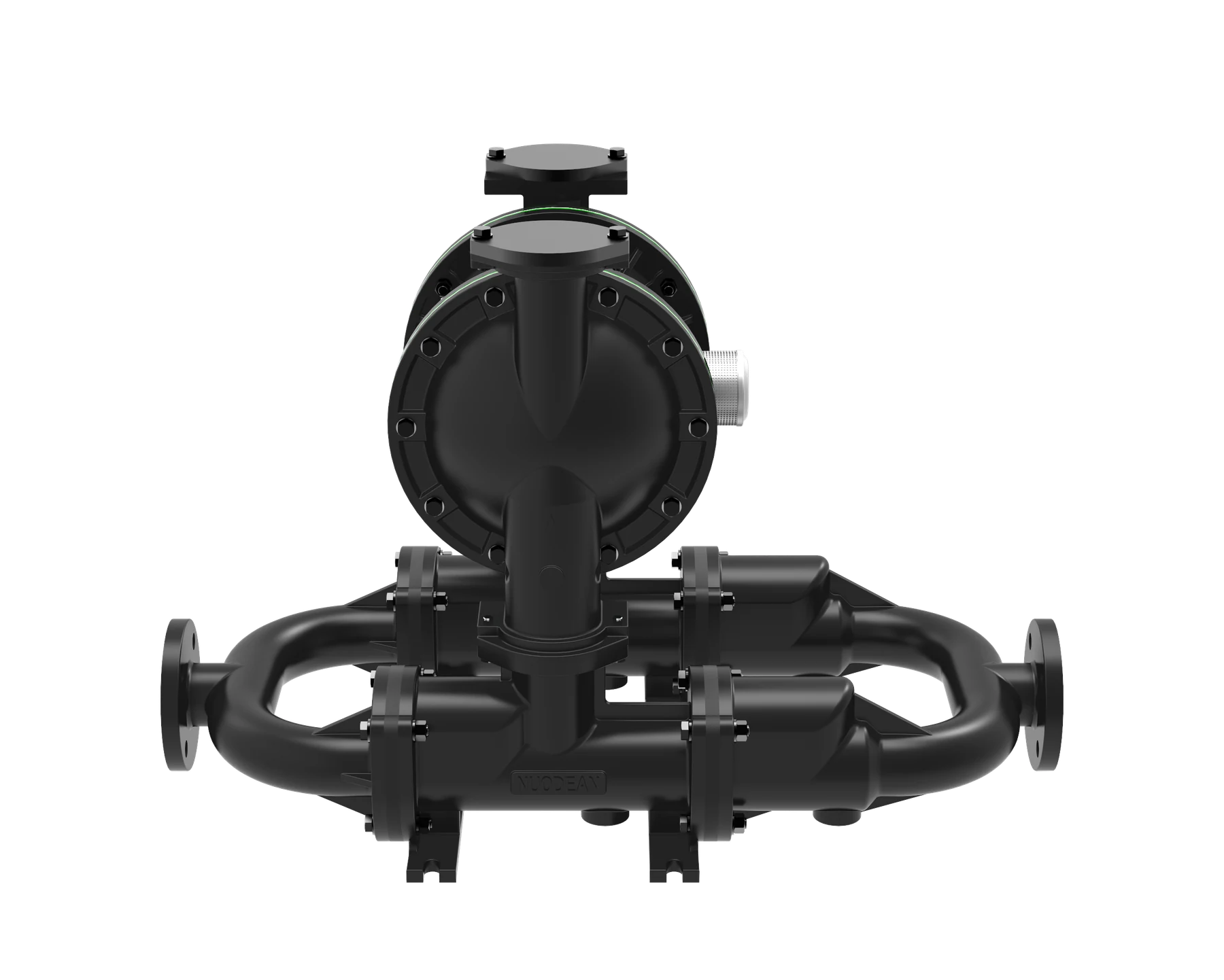 Front view of a black industrial double diaphragm pump with flanged connections on a transparent background.