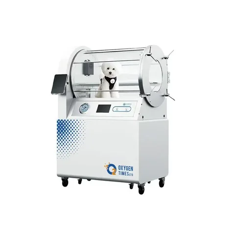 OTP500 veterinary hyperbaric chamber with a dog inside the observation window