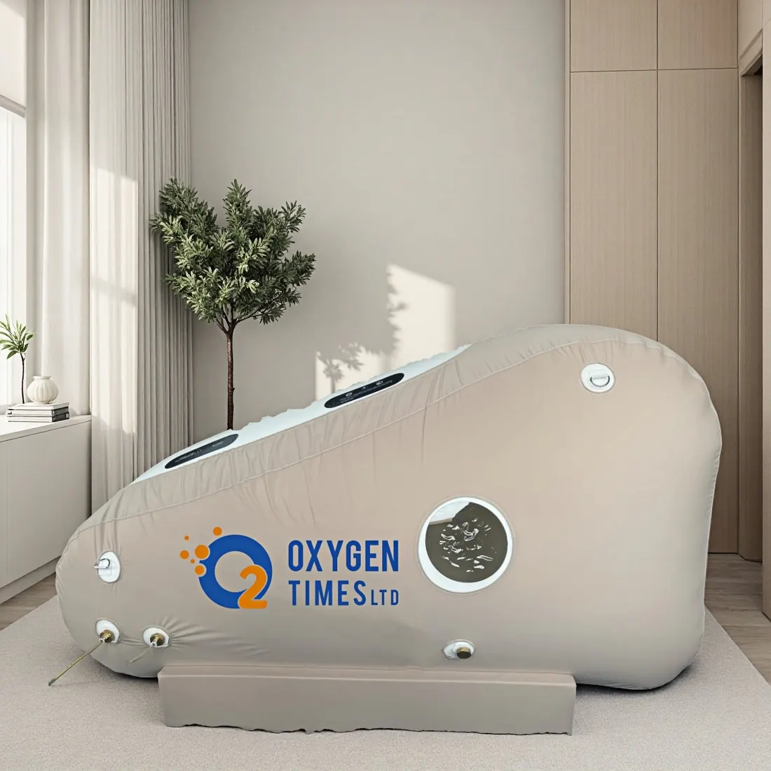 Soft-shell sitting chamber with external support frame beside a window