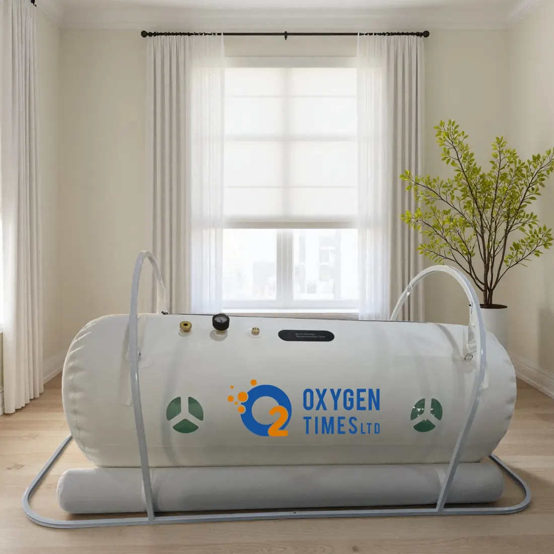 Side view of the Oxygen Times soft-shell sitting chamber in a living space