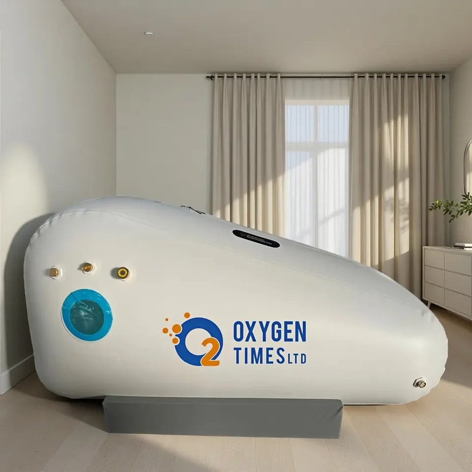 Oxygen Times soft-shell sitting hyperbaric chamber set up in a residential room