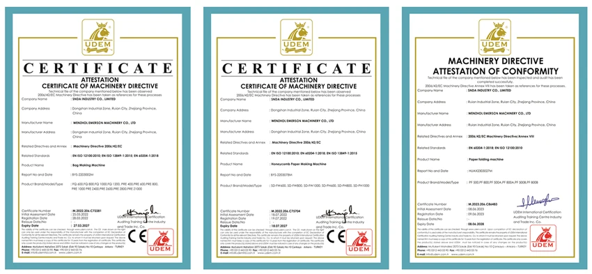 CE certificates issued by UDEM for Emerson Machinery paper machines