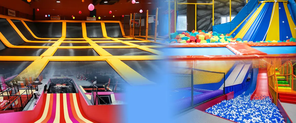 Trampoline decks ball pits and soft play equipment of the type BigJoys Amusement builds onto trailer chassis