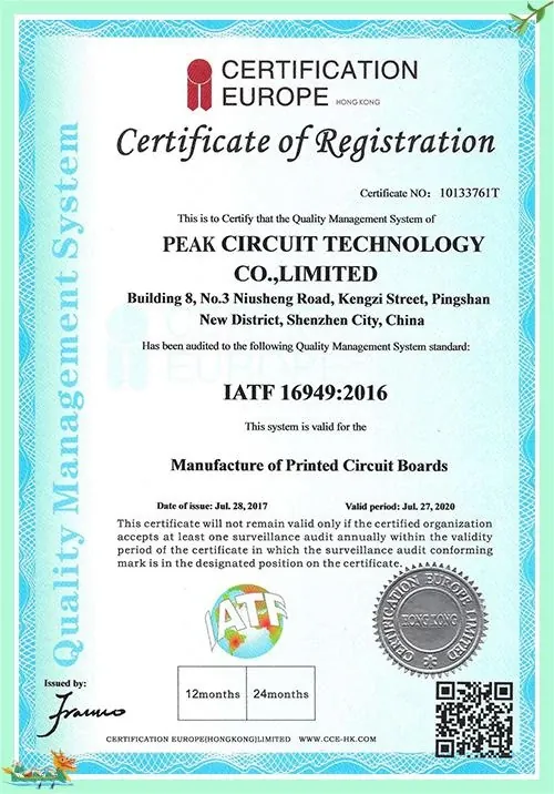 IATF 16949:2016 certificate held by PEAK Technology