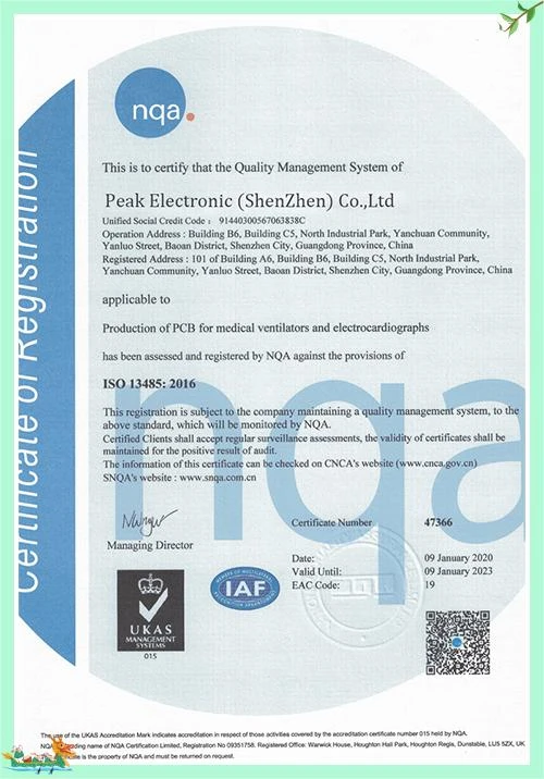 ISO 13485:2016 certificate held by PEAK Technology