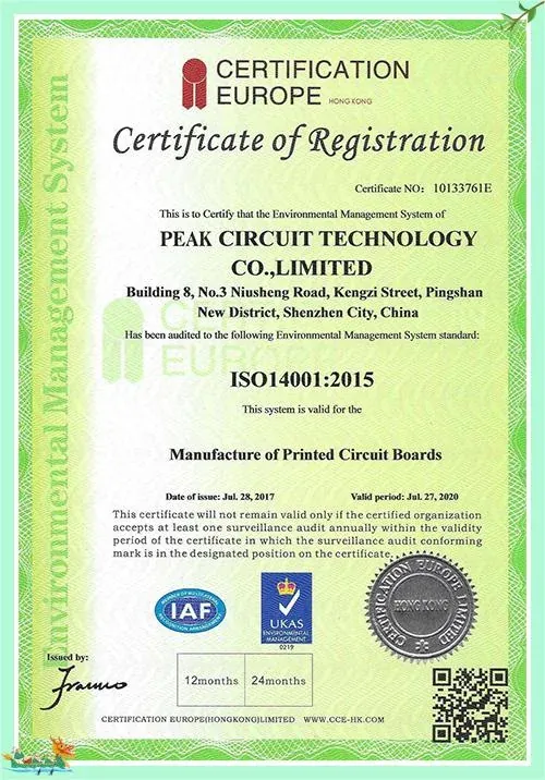 ISO 14001:2015 certificate held by PEAK Technology