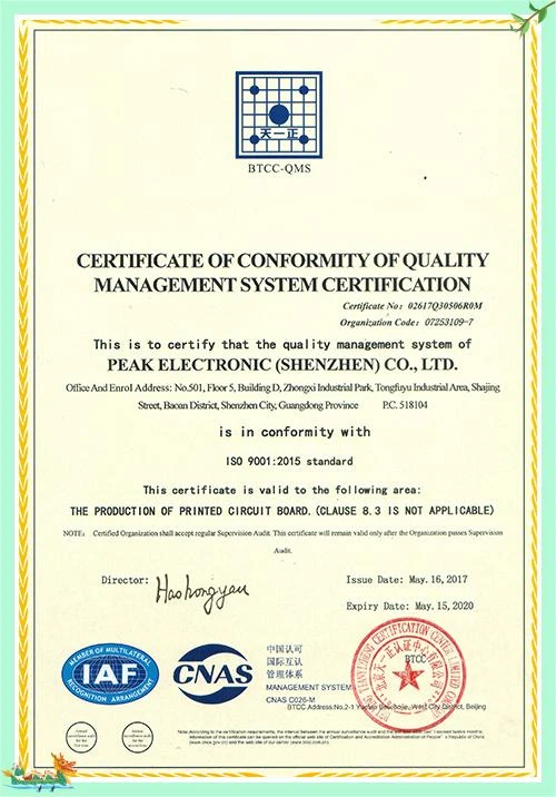 ISO 9001:2015 certificate held by PEAK Technology