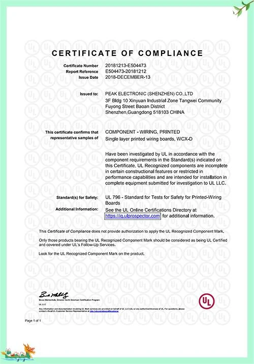 UL — Single Layer PCB certificate