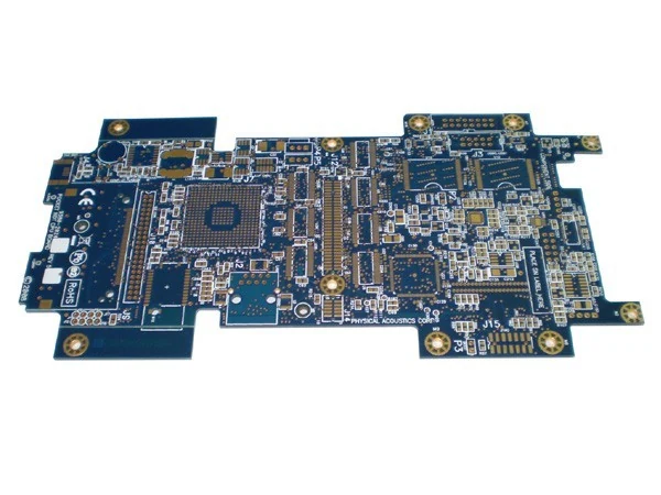 Ten layer rigid PCB on blue solder mask with immersion gold finish and multiple device sites