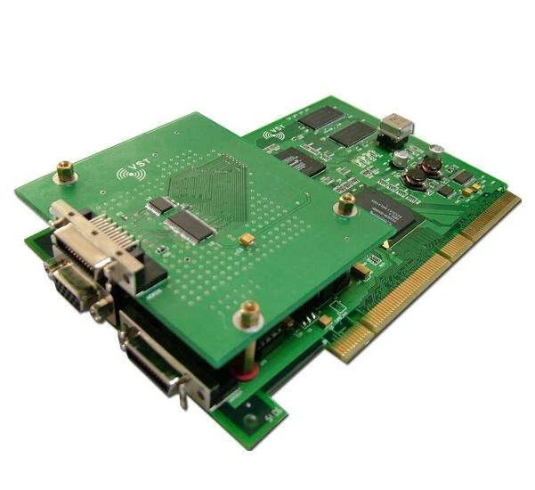Assembled interface PCBA with two D-sub serial connectors an Ethernet jack and a gold finger edge
