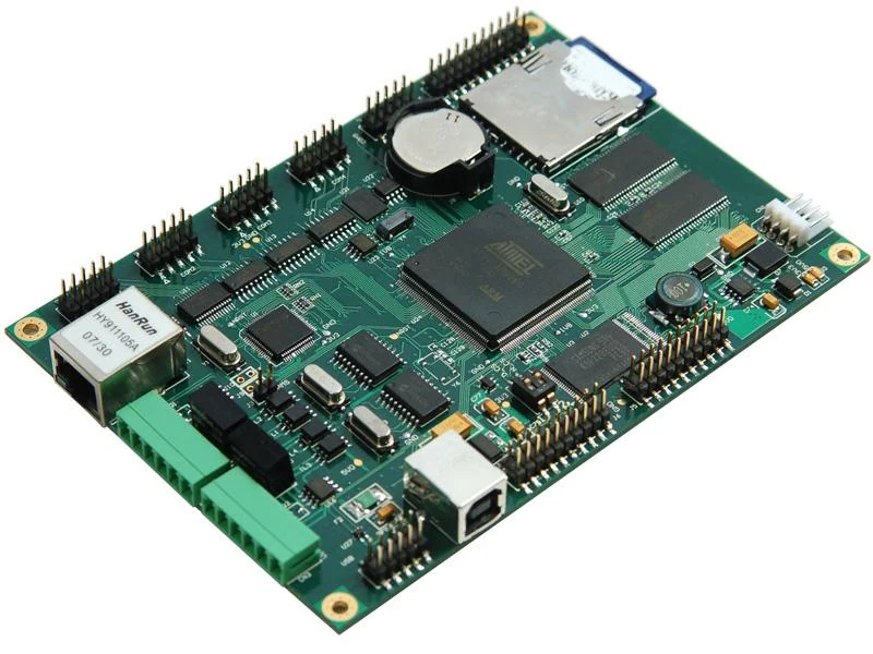 Assembled embedded controller PCBA with a fine pitch microcontroller Ethernet USB and an SD card socket