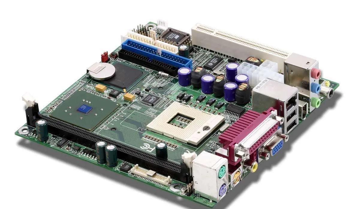 Assembled small form factor motherboard PCBA with memory slot expansion slot and rear port cluster