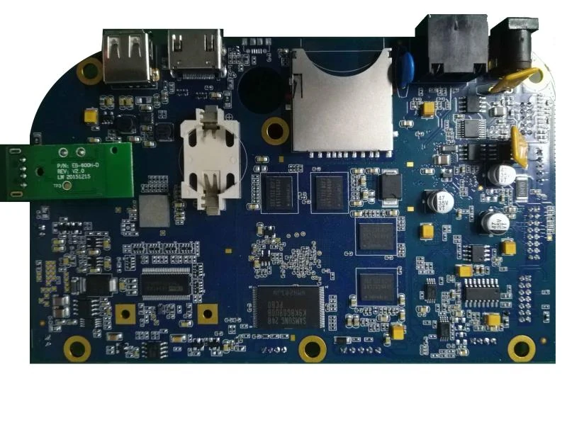 Assembled multi port control PCBA on blue solder mask with USB connectors and a card slot