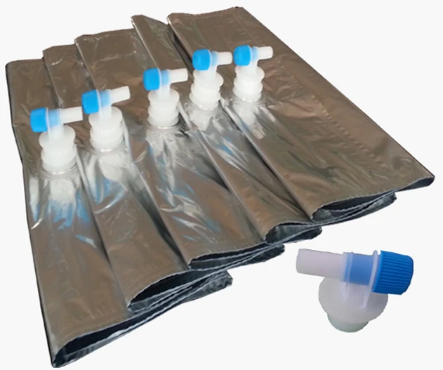 Five silver foil bags with white and blue dispensing taps on white background