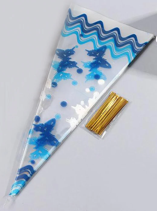 Clear cone cellophane bag with blue print beside gold twist ties
