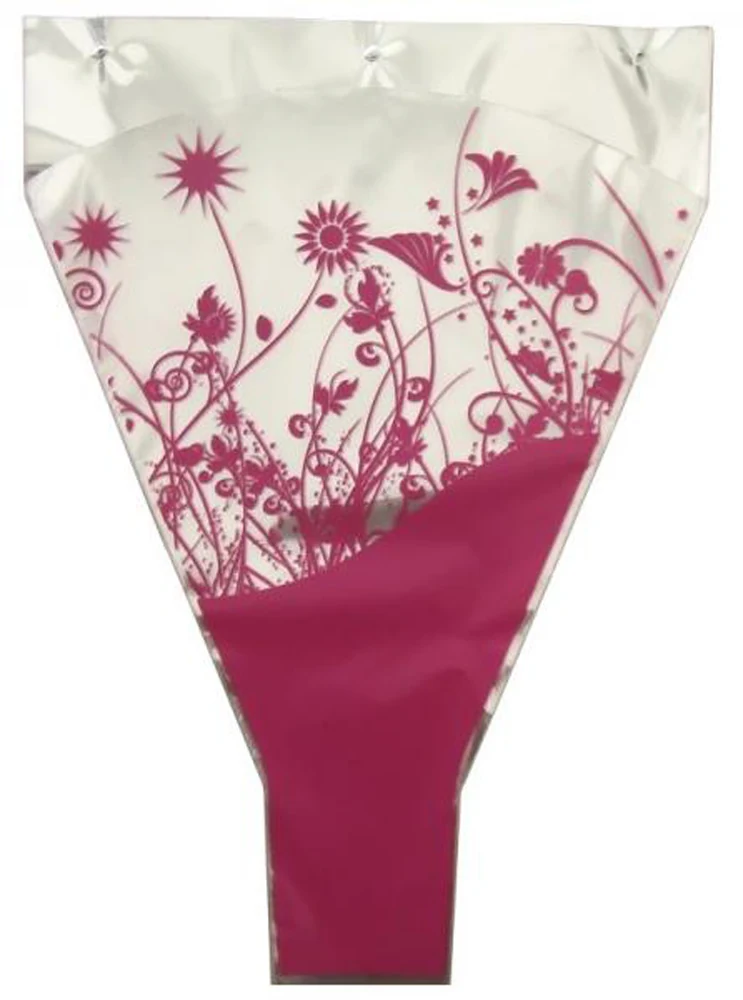 Pink floral printed cone-shaped plastic flower bouquet sleeve on white background