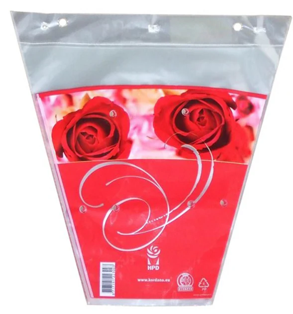 Plastic bouquet sleeve with red base printed with two red roses