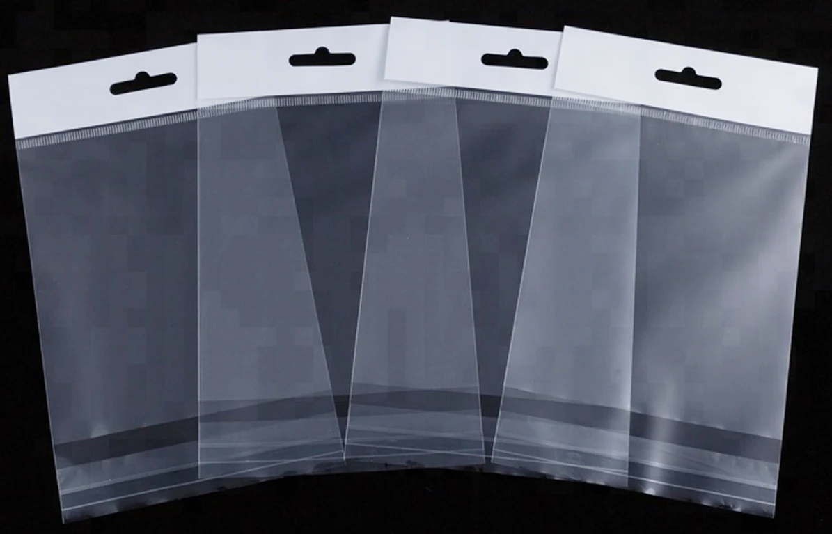 Four clear plastic hang-tab packaging bags with white headers on black background