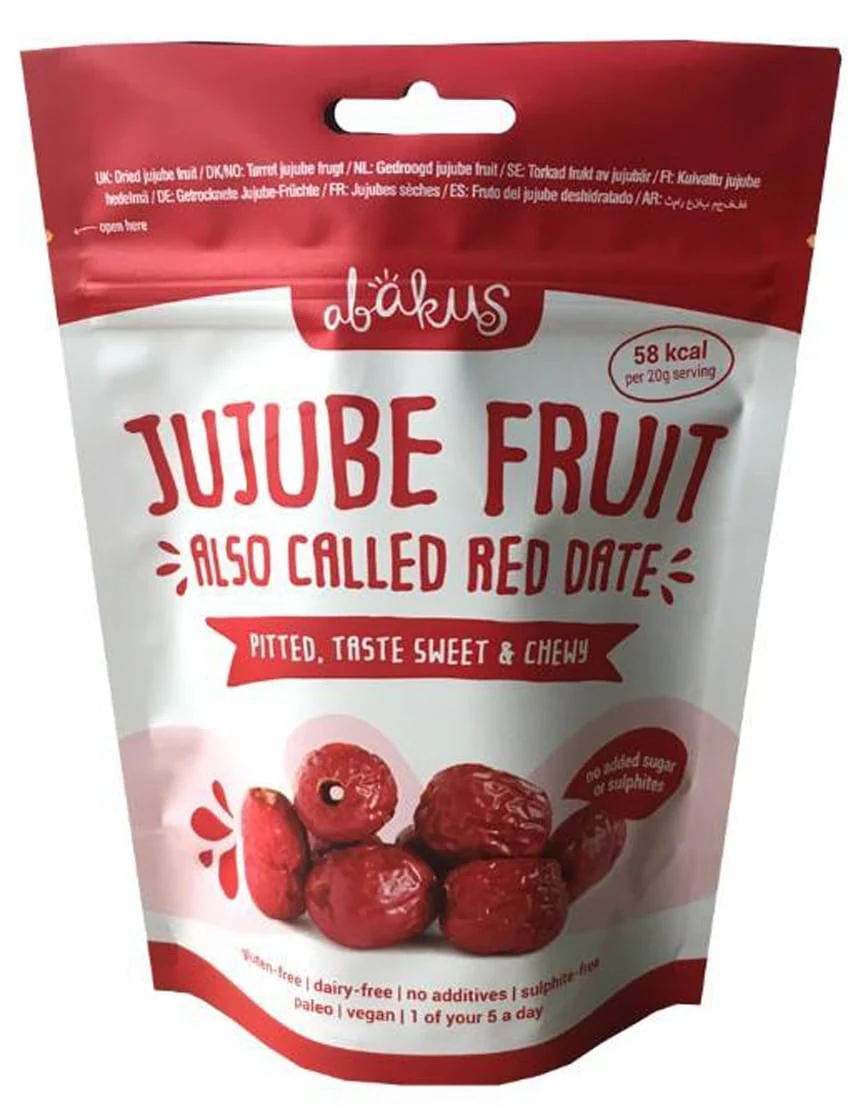 Red and white stand-up pouch labeled Jujube Fruit with photo of red dates
