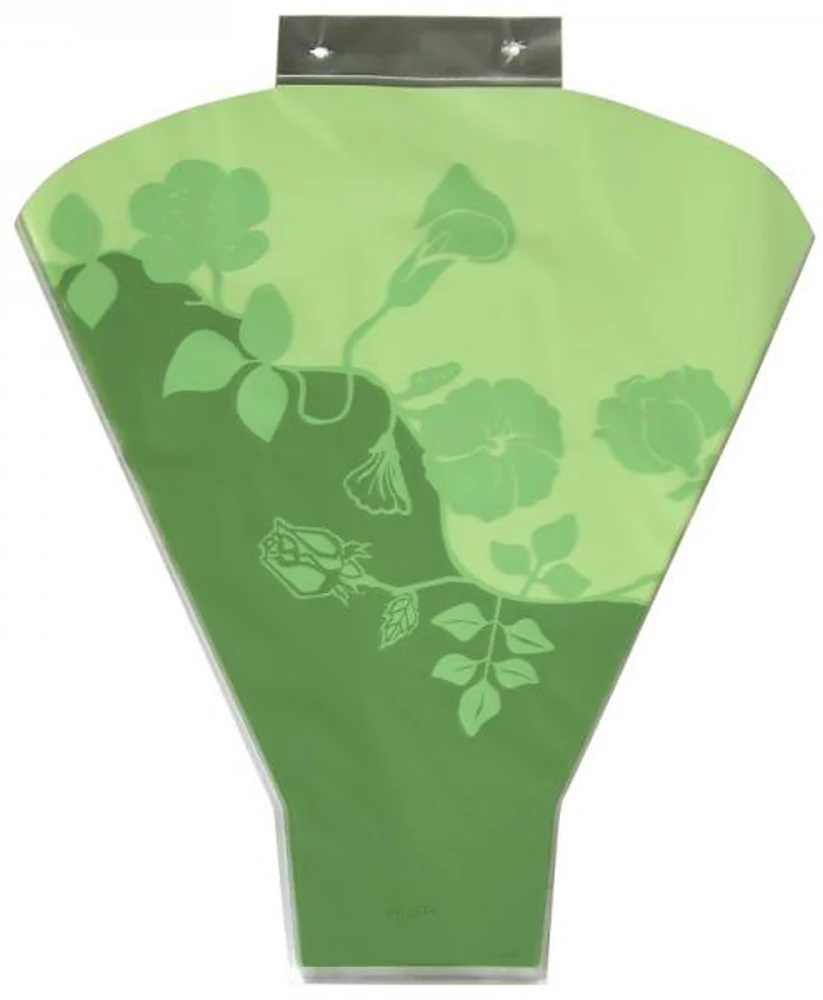 Green plastic flower bouquet sleeve with rose pattern on white background