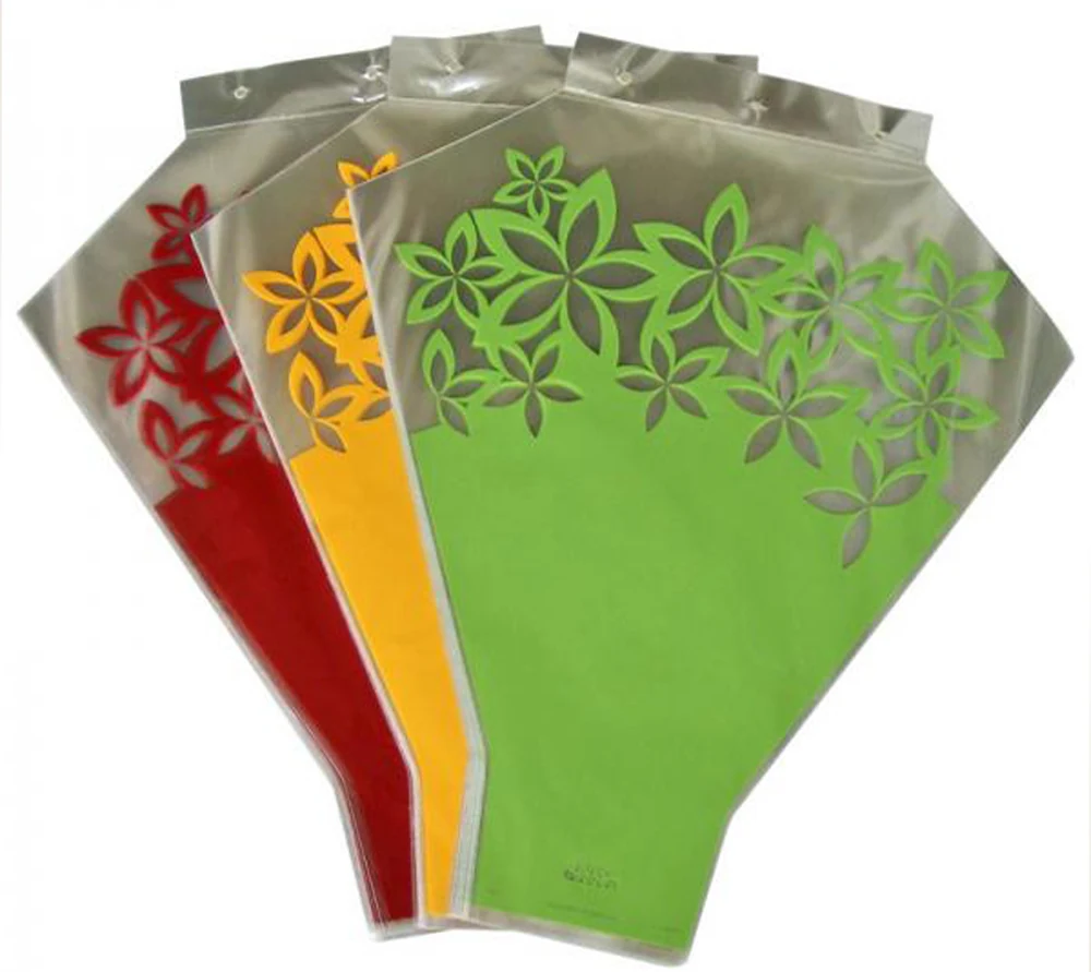 Three flower bouquet sleeves in red, yellow and green with floral cutout patterns