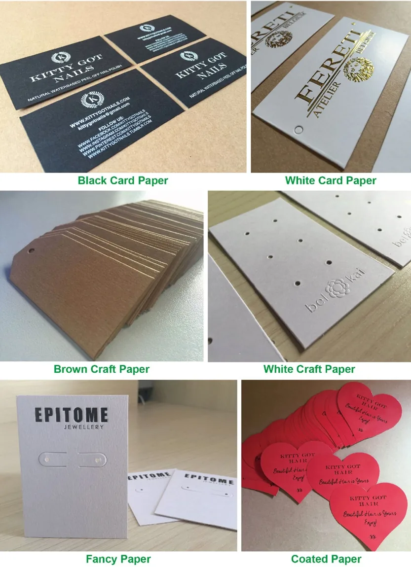 Collage of six paper samples including business cards, kraft tags and jewelry cards