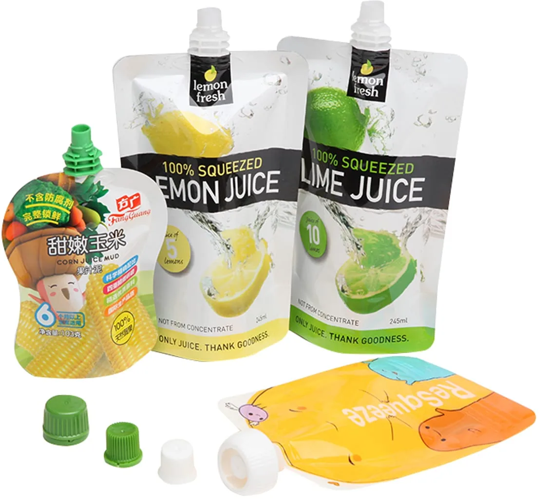Spouted stand-up pouches for lemon juice, lime juice and corn drink with loose caps