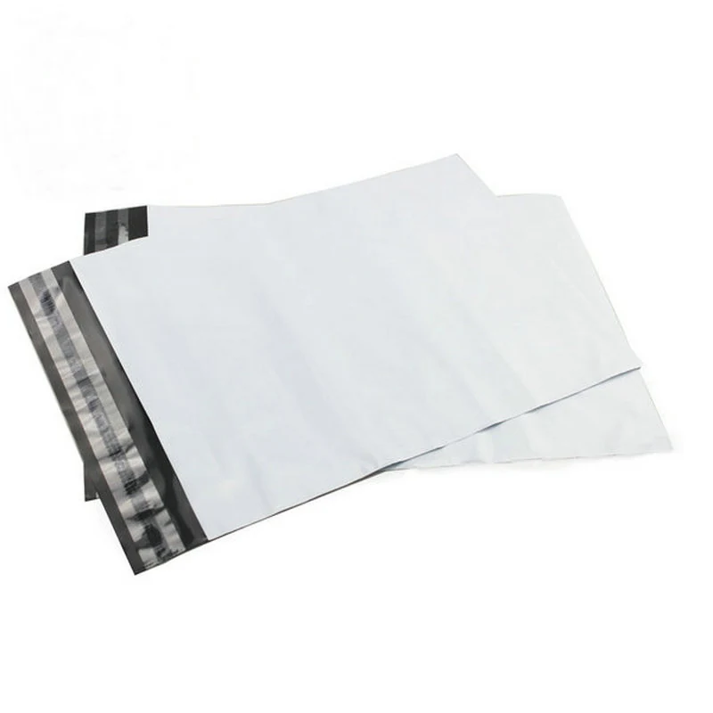 Two white poly mailer shipping envelopes with black adhesive strips on white background